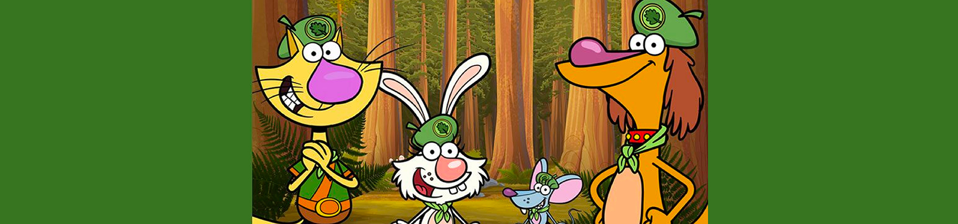  illustration of the character Nature Cat with his friends Hal, Squeeks, and Daisy 