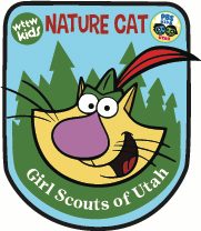 digital art version of Nature Cat patch featuring Nature Cat with trees in the background, PBS Kids Utah logo, wttw Kids logo, and Girl Scouts of Utah text